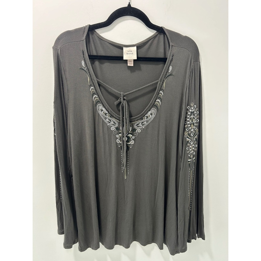 Knox Rose Womens XXL Gray Embroidered Lace Up Long Sleeve Boho Blouse Top